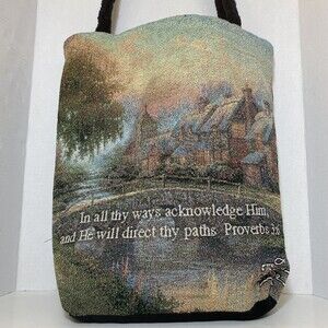 Thomas Kinkade CARPET Bag Stone Bridge Tapestry Tote Reversible 16 X 16 Vintage